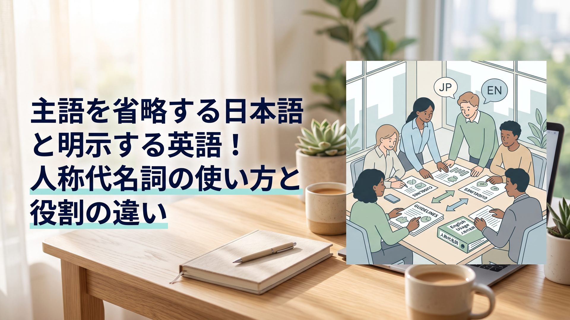 グローバル企業のオフィスで人称代名詞のガイドラインと多言語コミュニケーションの資料を広げて確認する様子