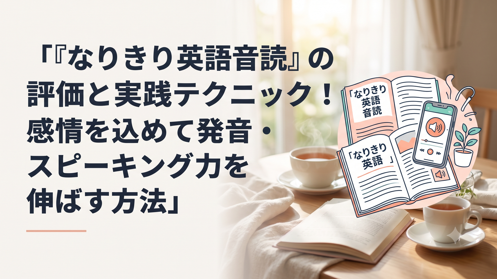 『なりきり英語音読』のテキストとスマートフォンを並べ、温かいお茶を飲みながら楽しく学習を始めるイメージ