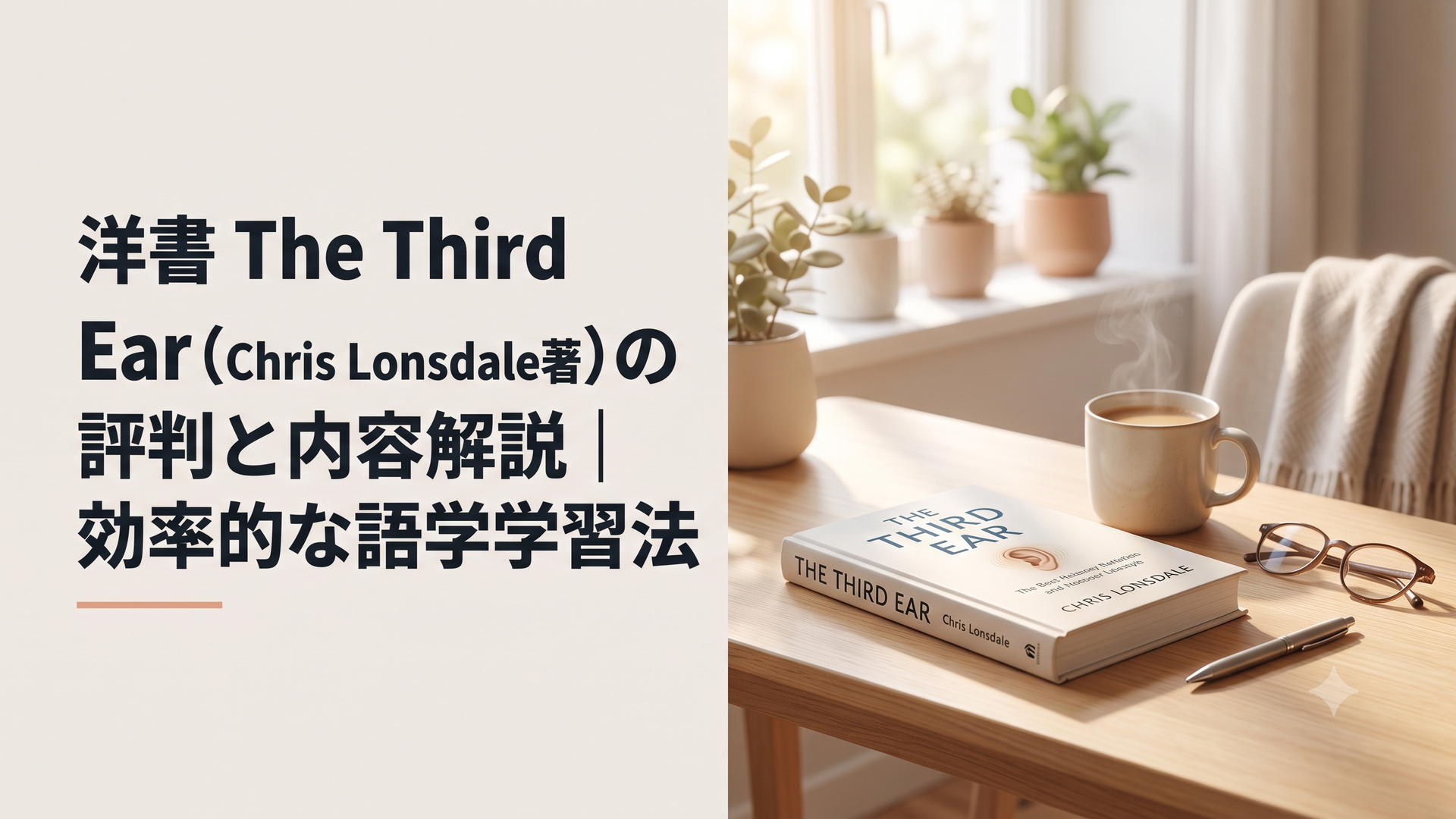 温かい朝の光が差し込む清潔な部屋のデスクの上に、1冊の本とマグカップが置かれている静物