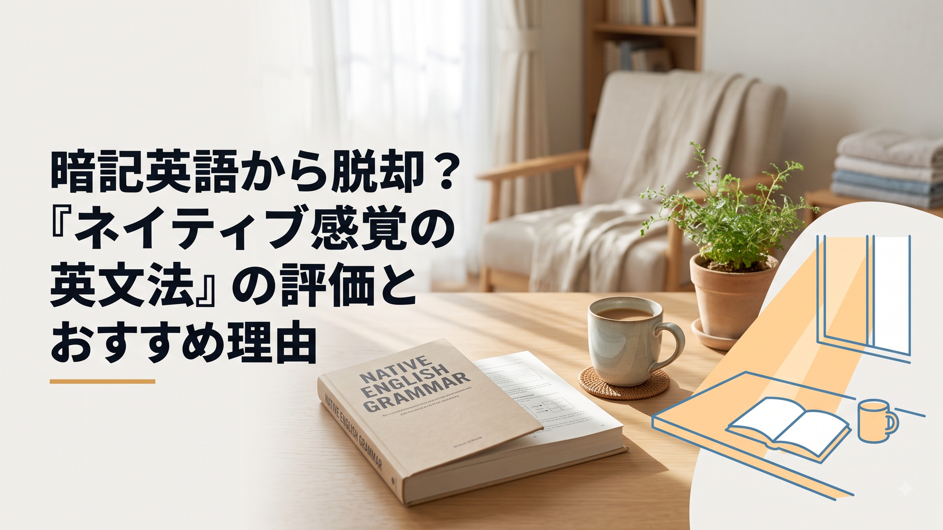 暖かい陽光が差し込む落ち着いた部屋のデスクに置かれた一冊の英語の本とお気に入りのマグカップ