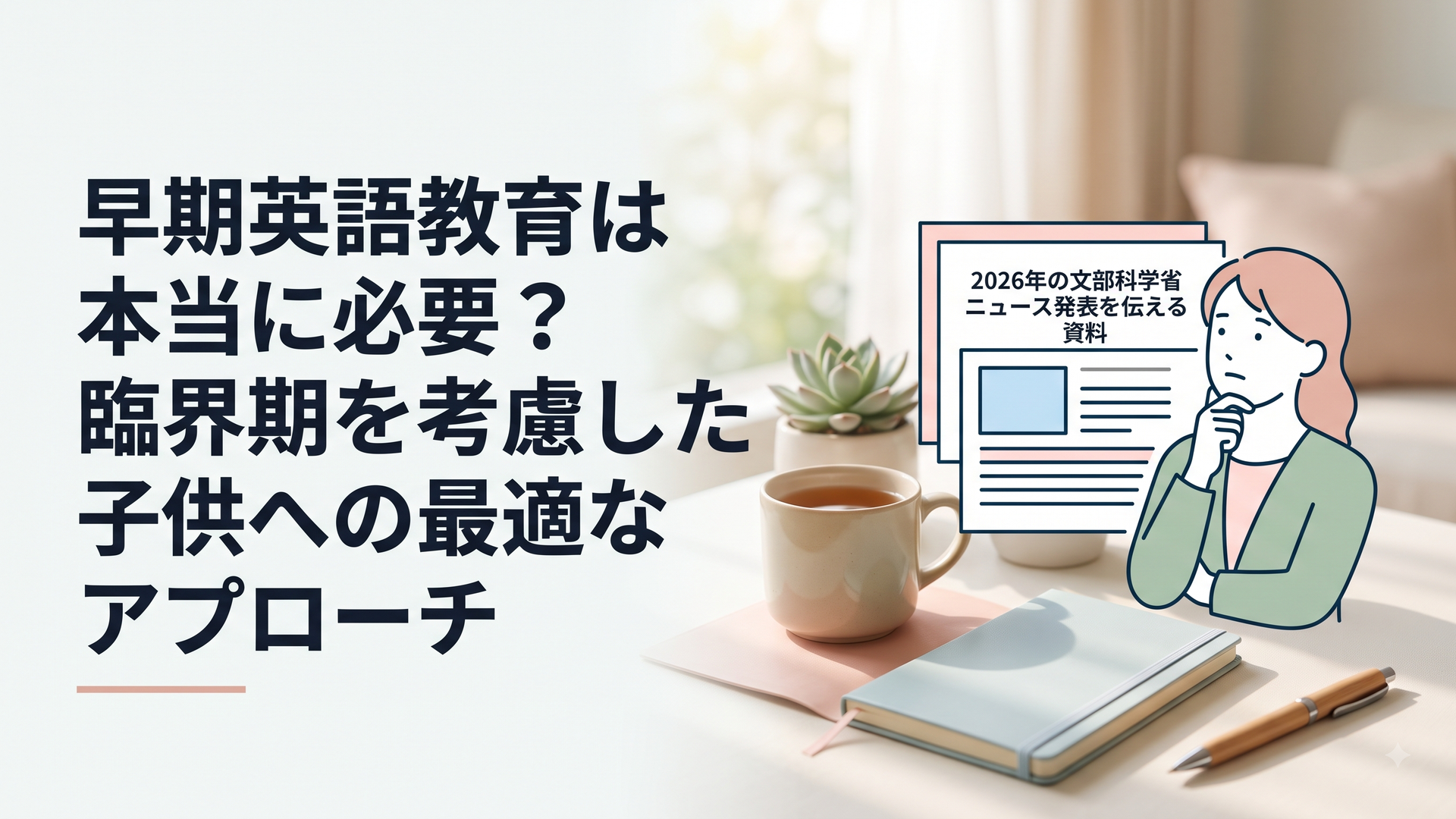 2026年の文部科学省ニュース発表を伝える資料と真剣な表情で英語教育の未来を見つめる保護者のイメージ