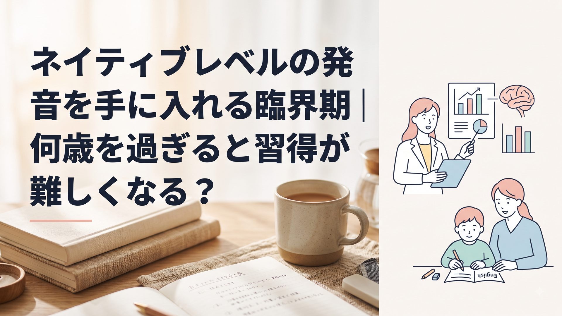 言語学や脳科学の最新研究データを分析する語学カウンセラーと英語学習に励む親子のイメージ