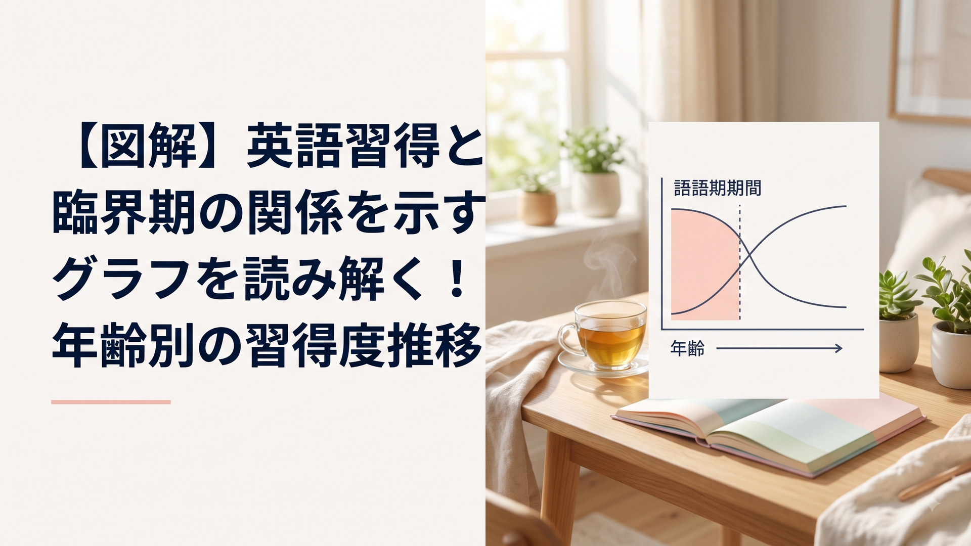 英語学習の臨界期と年齢別の習得度推移を表した概念図