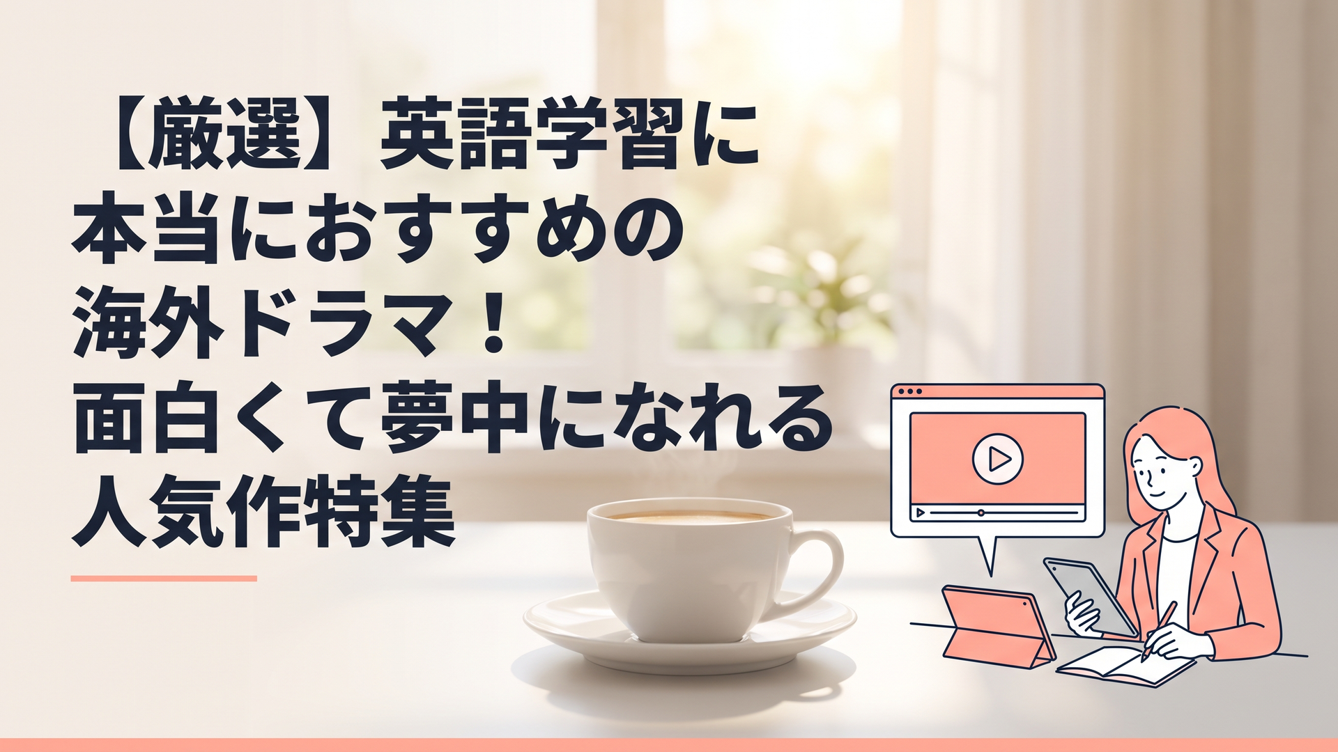 2026年最新の動画配信サービス画面を見ながらタブレットとノートで英語学習を進めるキャリア女性