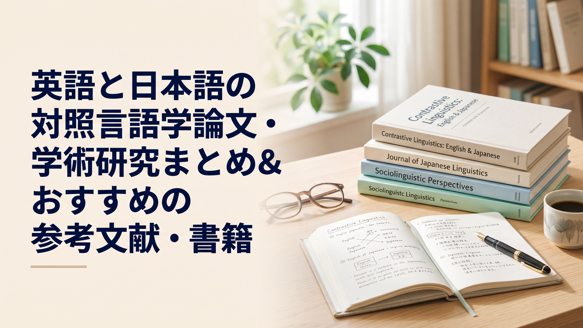 机の上に並べられた英語と日本語の対照言語学の学術論文や専門書、ノート