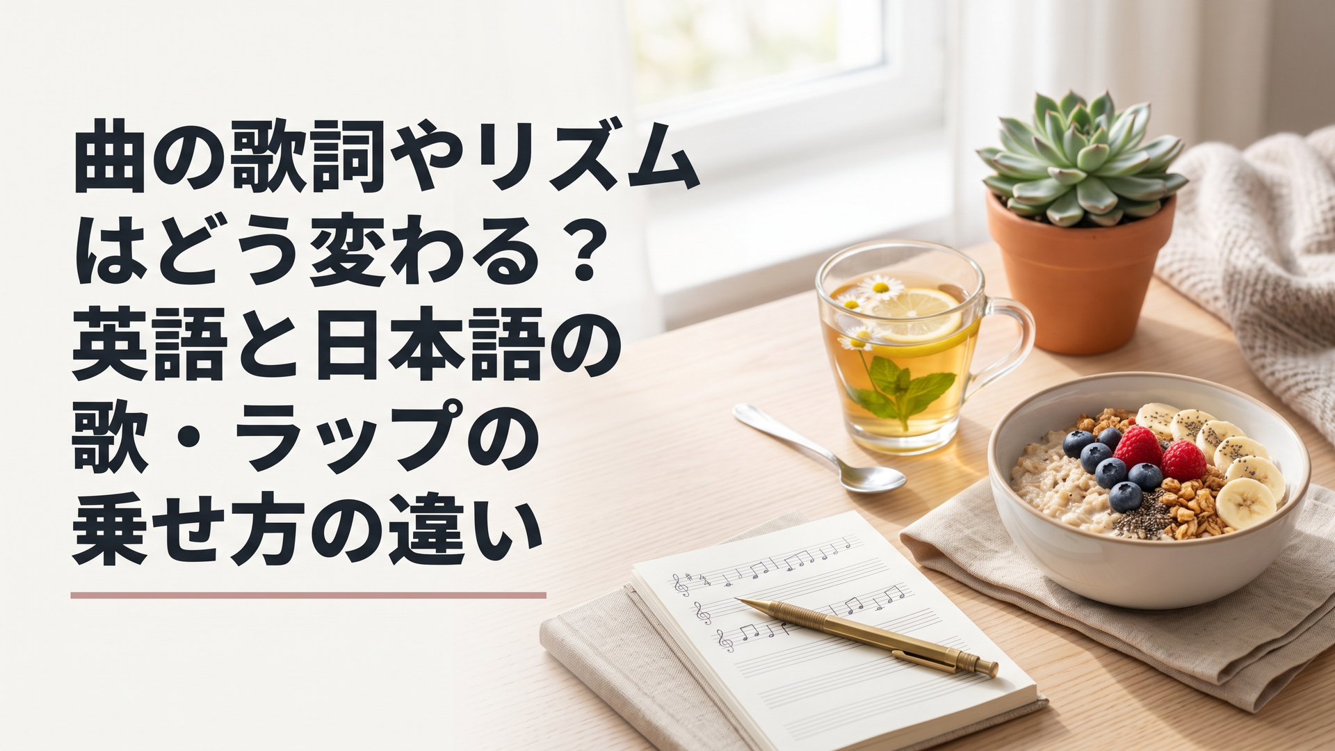 マイクとノートを前にして英語と日本語の歌詞やリズムの違いを比較・考察している様子