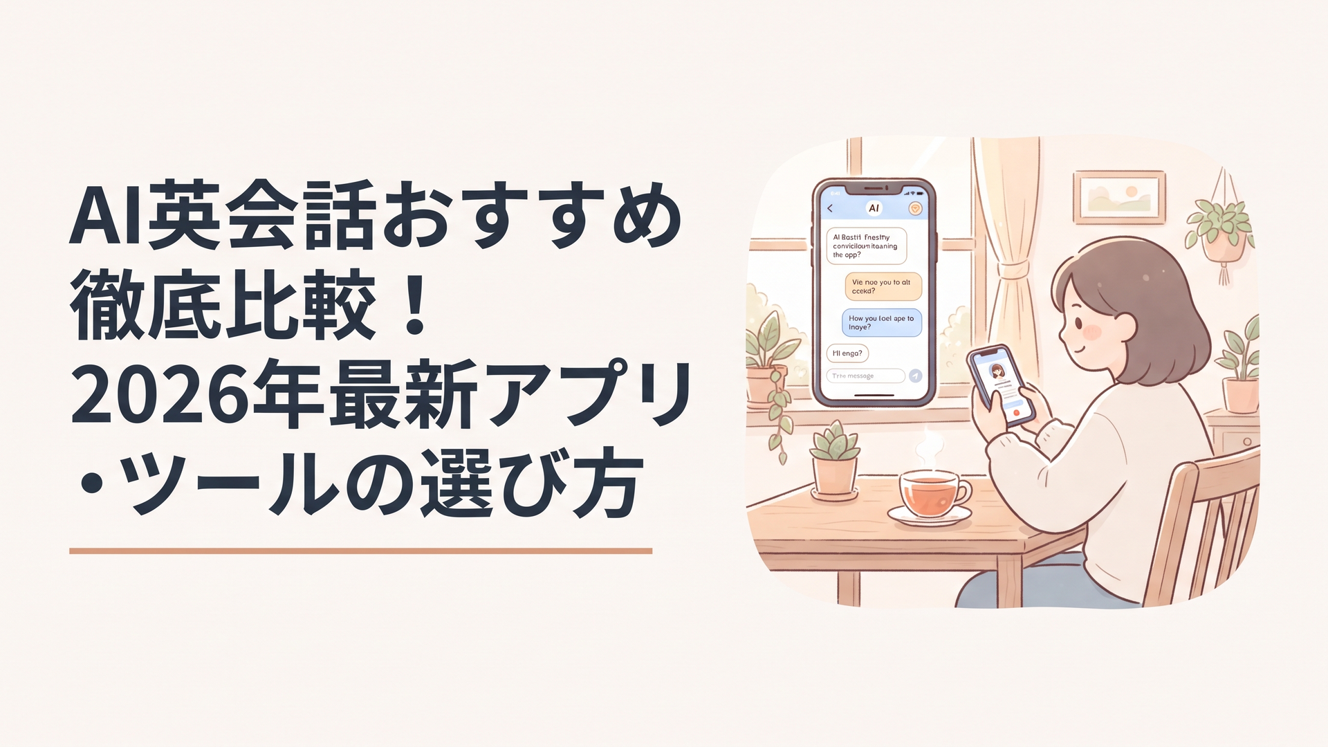 スマートフォンでAI英会話アプリの画面を見ながら英語学習を進めている様子