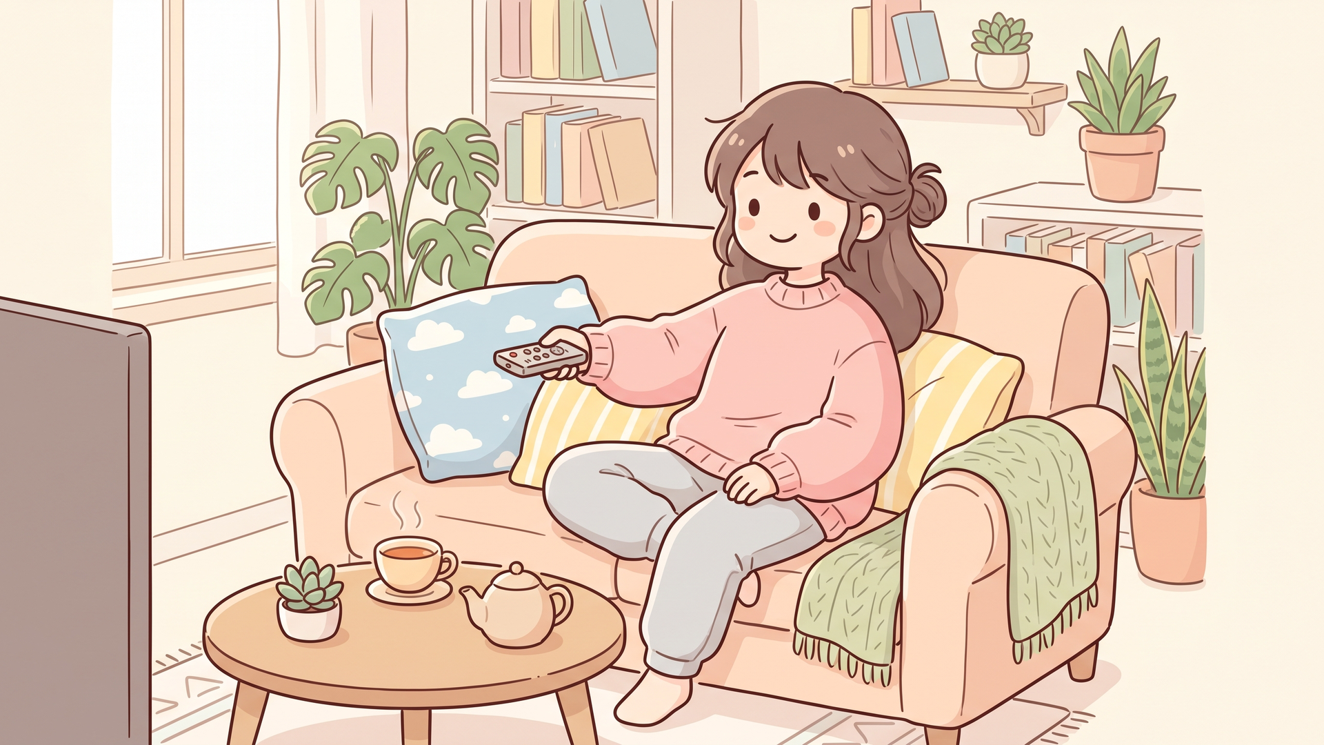 ソファでリモコンを持ちながら海外ドラマを楽しそうに視聴している人物
