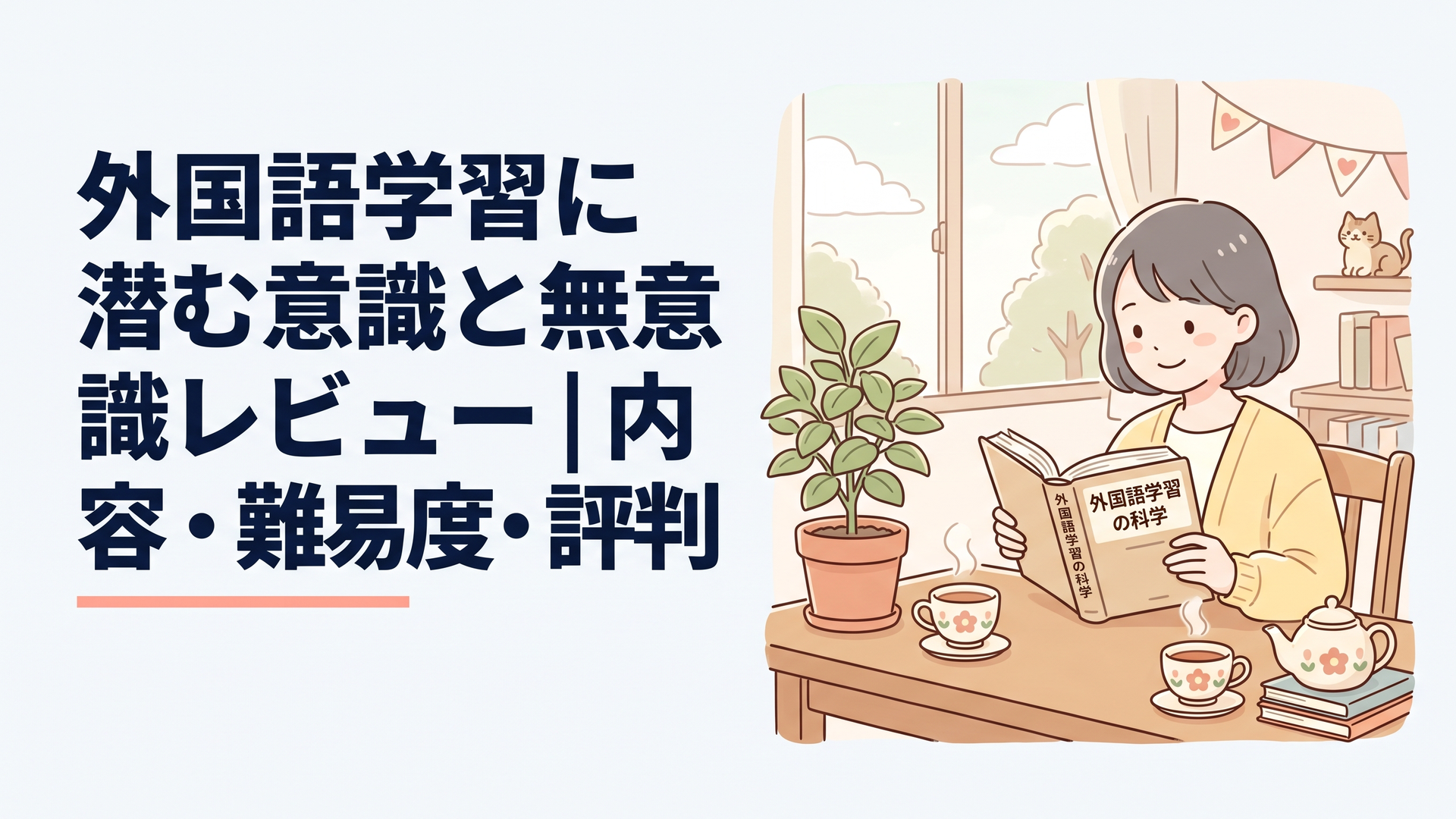 外国語学習について専門書を読みながら考える社会人、木のテーブルに専門書と温かいお茶、観葉植物のあるcozy room、穏やかな表情、かわいい淡いパステルカラーのイラスト
