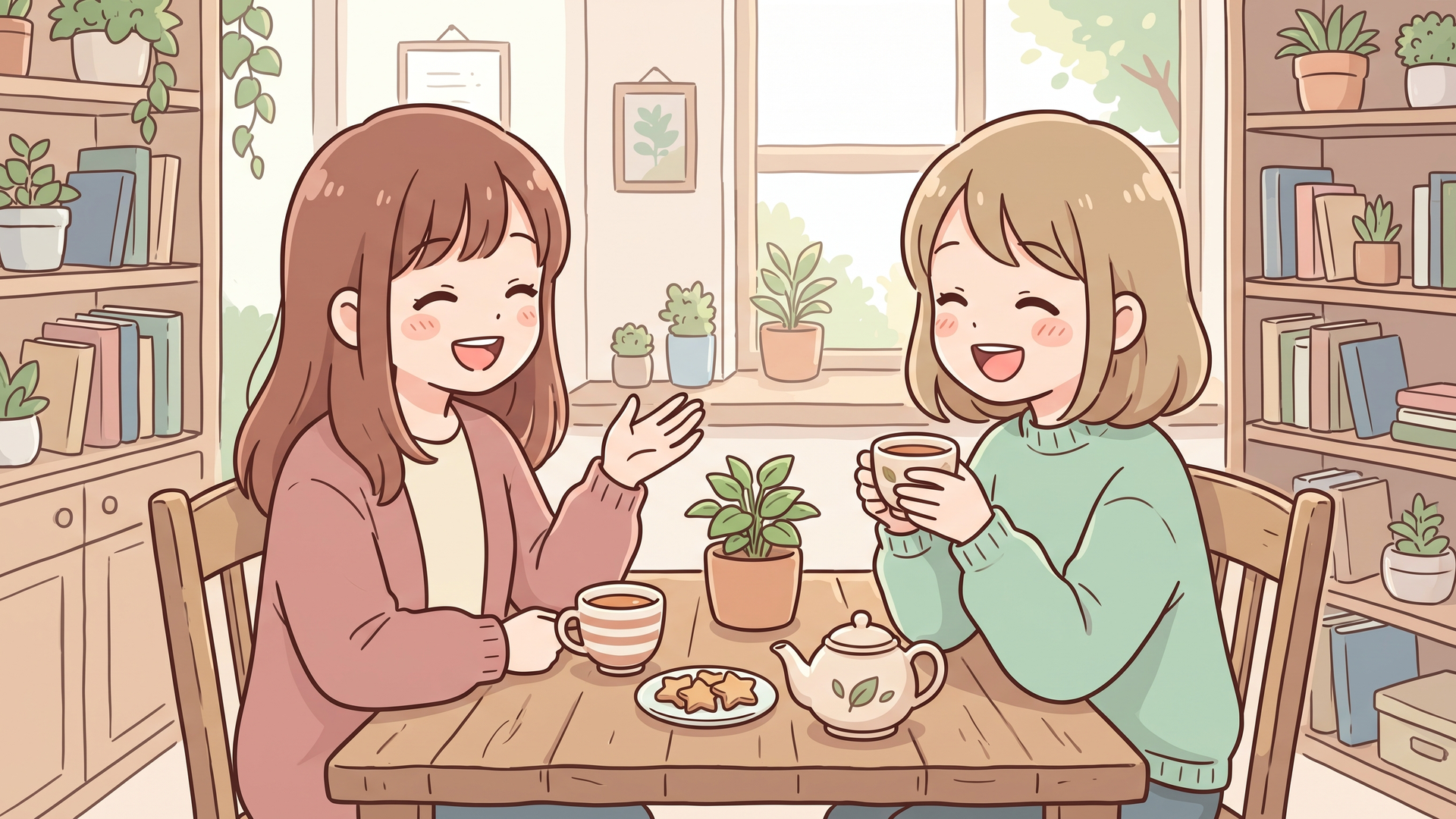 カフェのような明るい部屋で友人同士が笑いながら会話している様子